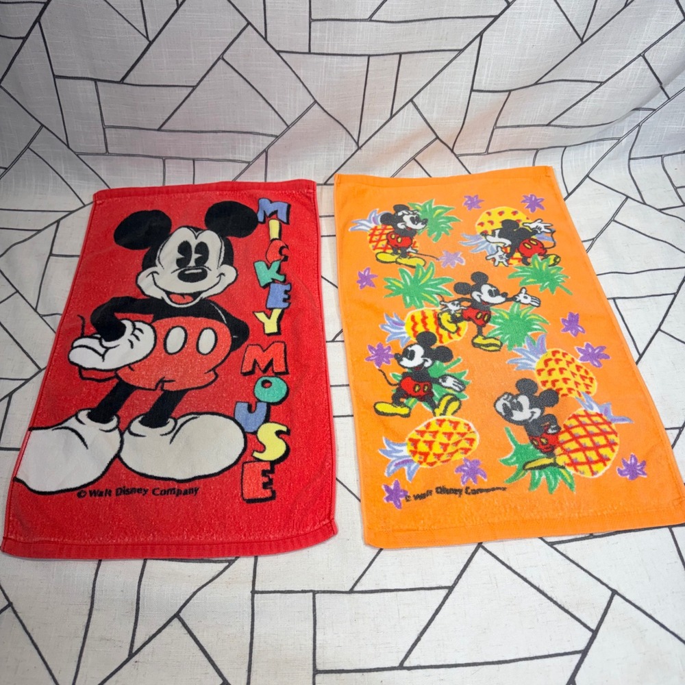 Disney Mickey Mouse Set of 2 Hand Towels Red Orange Tropical Pineapple Vintage